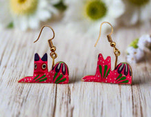 Load image into Gallery viewer, Hand-Made Pink Cat Alebrije Earrings in Small Palm Box