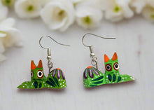 Load image into Gallery viewer, Hand-Made Lime Green Cat Alebrije Earrings in Small Palm Box