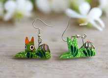 Load image into Gallery viewer, Hand-Made Lime Green Cat Alebrije Earrings in Small Palm Box