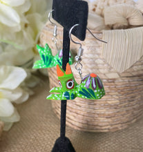Load image into Gallery viewer, Hand-Made Lime Green Cat Alebrije Earrings in Small Palm Box