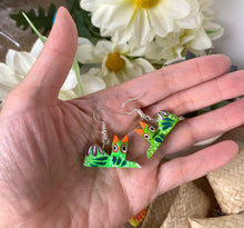 Load image into Gallery viewer, Hand-Made Lime Green Cat Alebrije Earrings in Small Palm Box