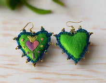 Load image into Gallery viewer, Hand-Made Embroidered Sacred Heart Earrings