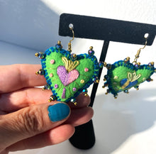 Load image into Gallery viewer, Hand-Made Embroidered Sacred Heart Earrings