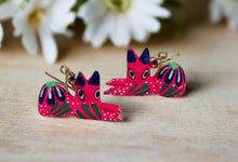 Load image into Gallery viewer, Hand-Made Pink Cat Alebrije Earrings in Small Palm Box