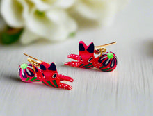 Load image into Gallery viewer, Hand-Made Pink Cat Alebrije Earrings in Small Palm Box