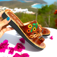 Load image into Gallery viewer, Brown Leather Huarache Sandals with Sunflower embroidered design