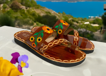 Load image into Gallery viewer, Brown Leather Huarache Sandals with Sunflower embroidered design