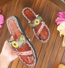 Load image into Gallery viewer, Brown Leather Huarache Sandals with Sunflower embroidered design