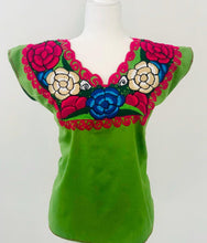 Load image into Gallery viewer, Campesina Blouse With Embroidered Flowers -  XL Green