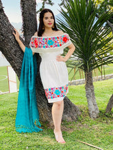 Load image into Gallery viewer, Artisan Mexican Style Dress with Embroidered flowers - Size M (White/Blue)