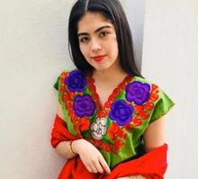 Load image into Gallery viewer, Campesina Blouse With Embroidered Flowers -  XL Green