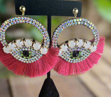 Load image into Gallery viewer, Beautiful Hand-Made Evil Eye Earrings with Rhinestones and Tassel