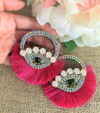 Load image into Gallery viewer, Beautiful Hand-Made Evil Eye Earrings with Rhinestones and Tassel