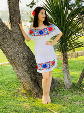 Load image into Gallery viewer, Artisan Mexican Style Dress with Embroidered flowers - Size M (White/Blue)