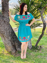 Load image into Gallery viewer, Artisan Mexican Style Dress with Embroidered flowers - Size M (White/Blue)