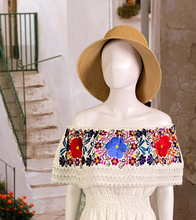 Load image into Gallery viewer, Artisan Mexican Style Dress with Embroidered flowers - Size M (White/Blue)