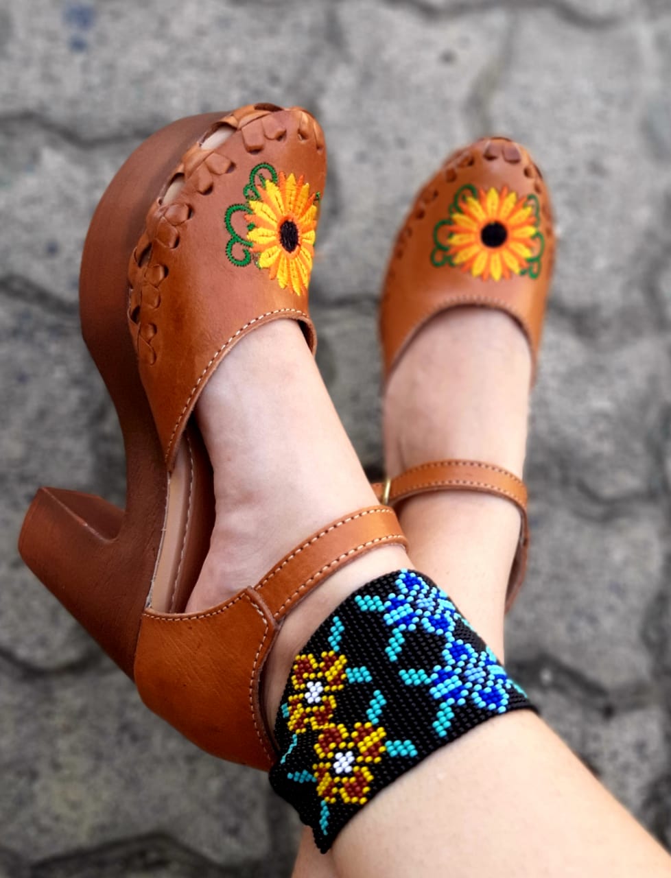 Chunky Heel Mexican Wedges/Huaraches with Sunflower Design