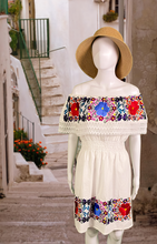 Load image into Gallery viewer, Artisan Mexican Style Dress with Embroidered flowers - Size M (White/Blue)