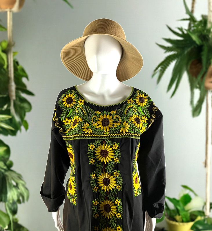 Embroidered Mexican Tunic/Dress with Sunflowers Design (Size L)