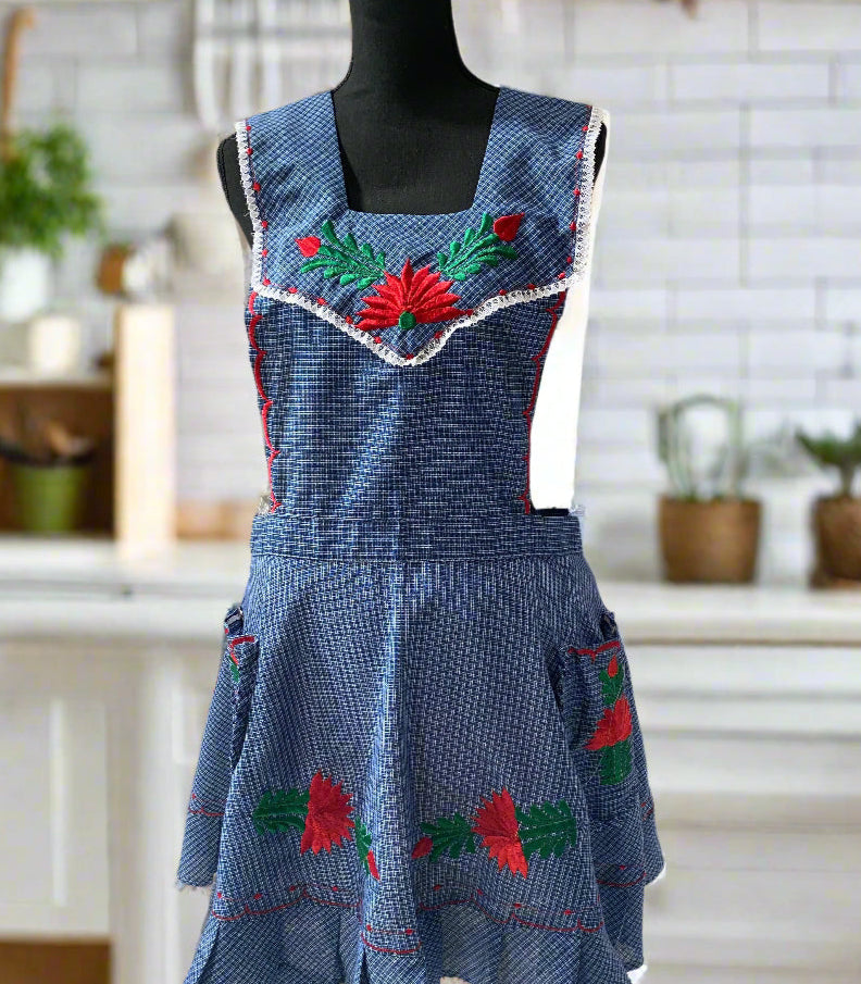 Artisanal Embroidered Apron - Navy Blue / L, XL