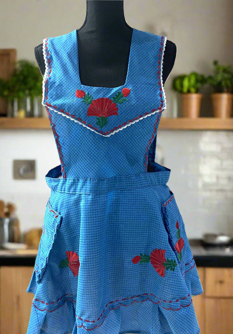 Artisanal Embroidered Apron - Azure XL