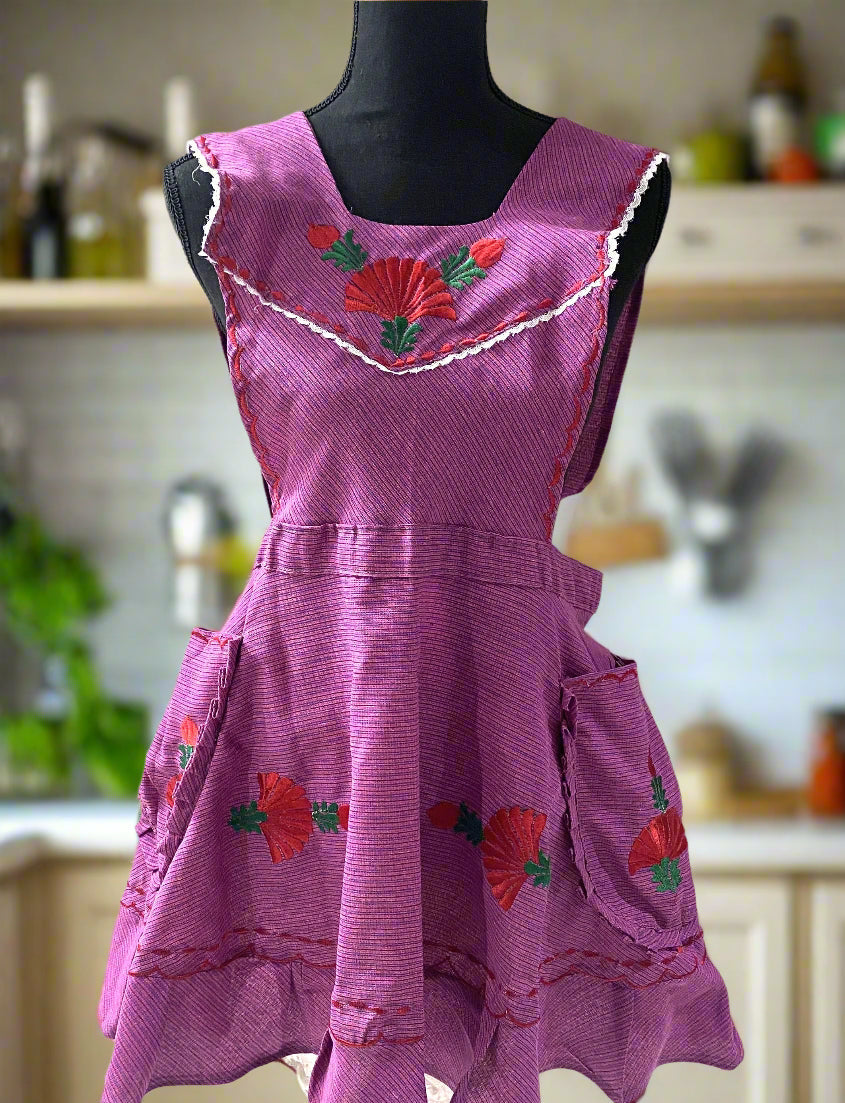 Artisanal Embroidered Apron - Magenta / XL