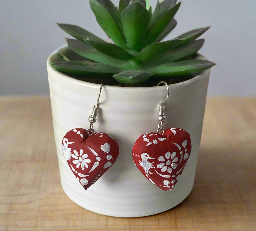 Beautiful Heart-Shaped Alebrije Earrings/Red/Otomi Design