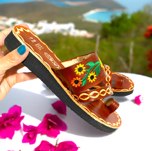 Load image into Gallery viewer, Brown Leather Huarache Sandals with Sunflower embroidered design
