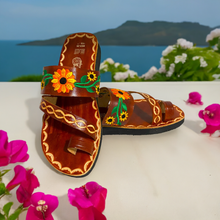 Load image into Gallery viewer, Brown Leather Huarache Sandals with Sunflower embroidered design
