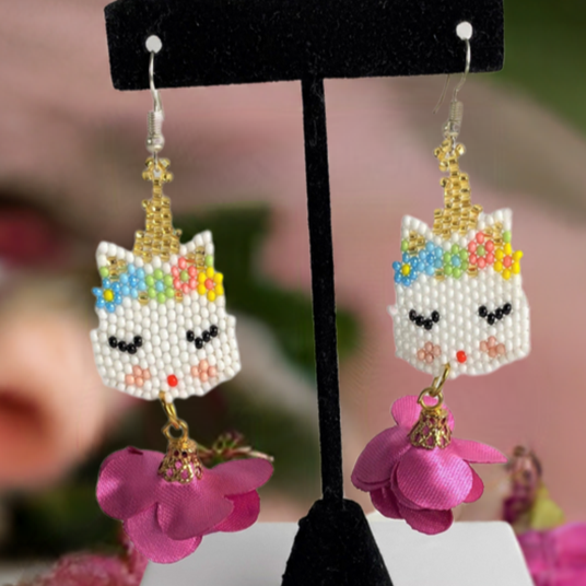 Adorable Huichol Unicorn Beaded Earrings