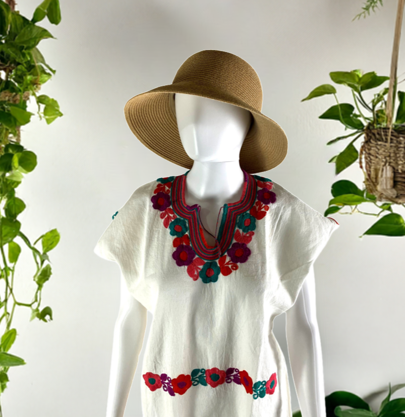 Mexican Embroidered Tunic Mini Dress - Ivory Orange Flowers Mexican Embroidered Tunic Mini Dress - Ivory Orange Flowers