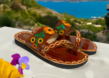 Load image into Gallery viewer, Brown Leather Huarache Sandals with Sunflower embroidered design
