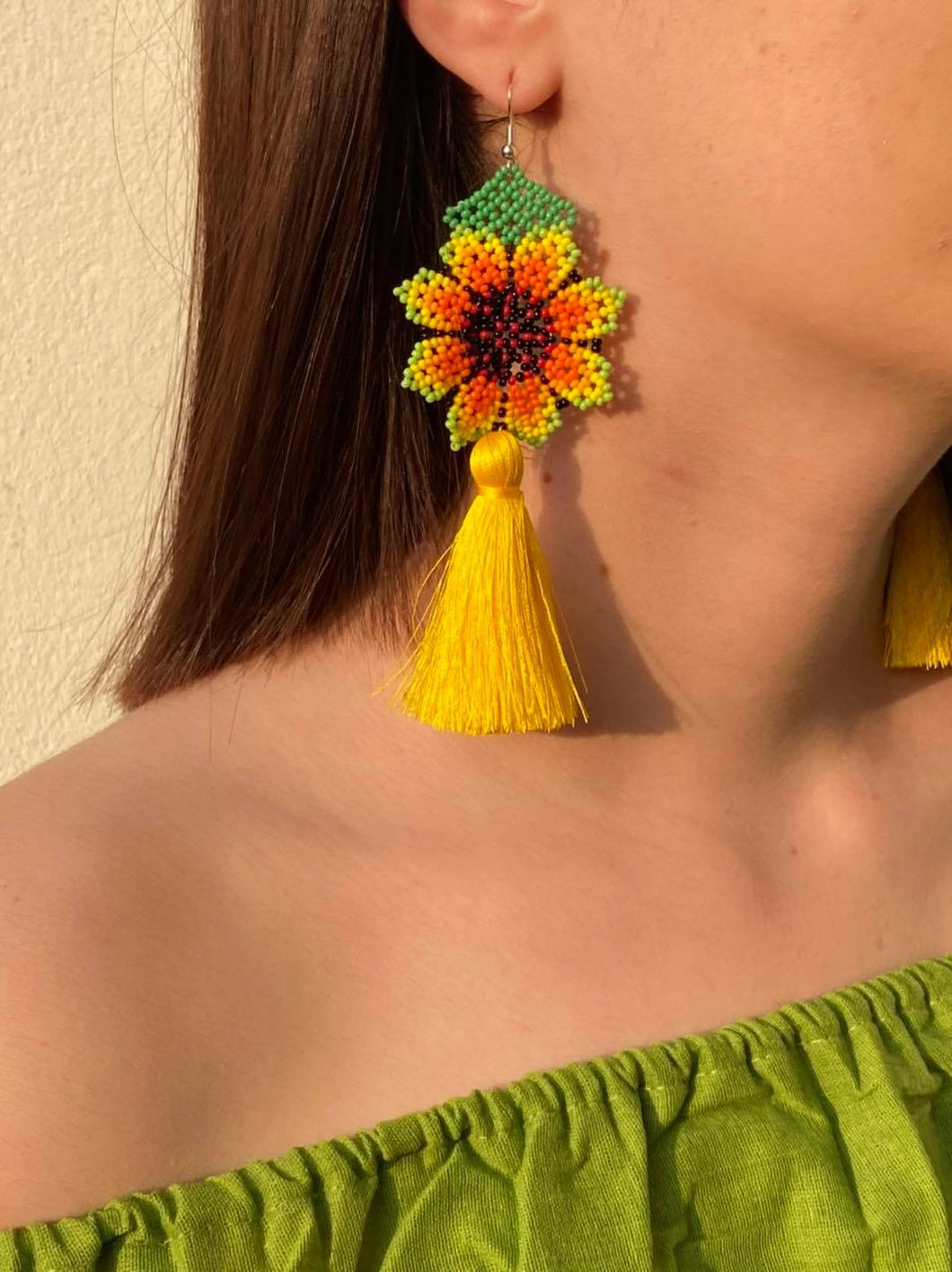 Beaded Sunflower Earrings/Huichol/With Tassel/Hand-made