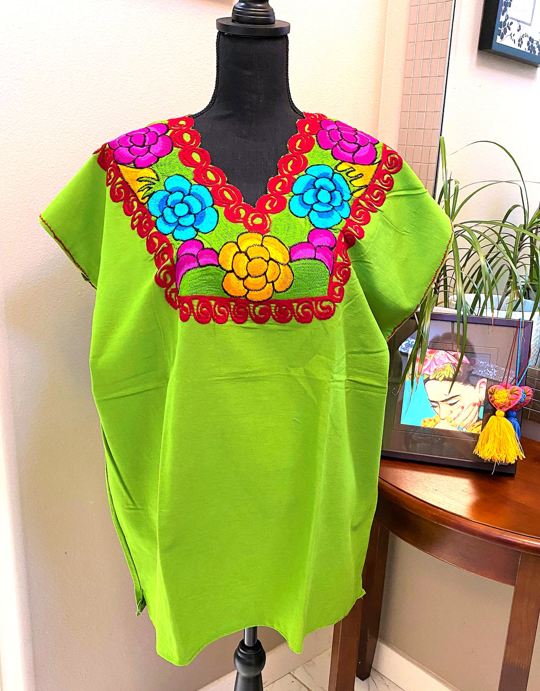 Campesina Blouse With Embroidered Flowers -  XL Green