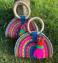 Load image into Gallery viewer, Straw Bag / Quesadilla Style Palm Handbag with Pom-Poms embellishments
