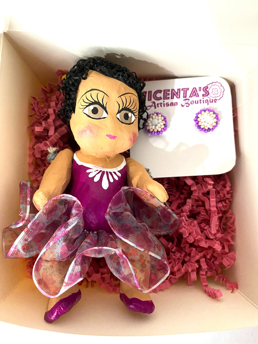 Beautiful Hand-Made Baby Ballerina Doll With Stud Huichol Earrings/Gift Set