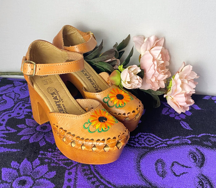 Chunky Heel Mexican Wedges with Sunflower Design (Honey Color)