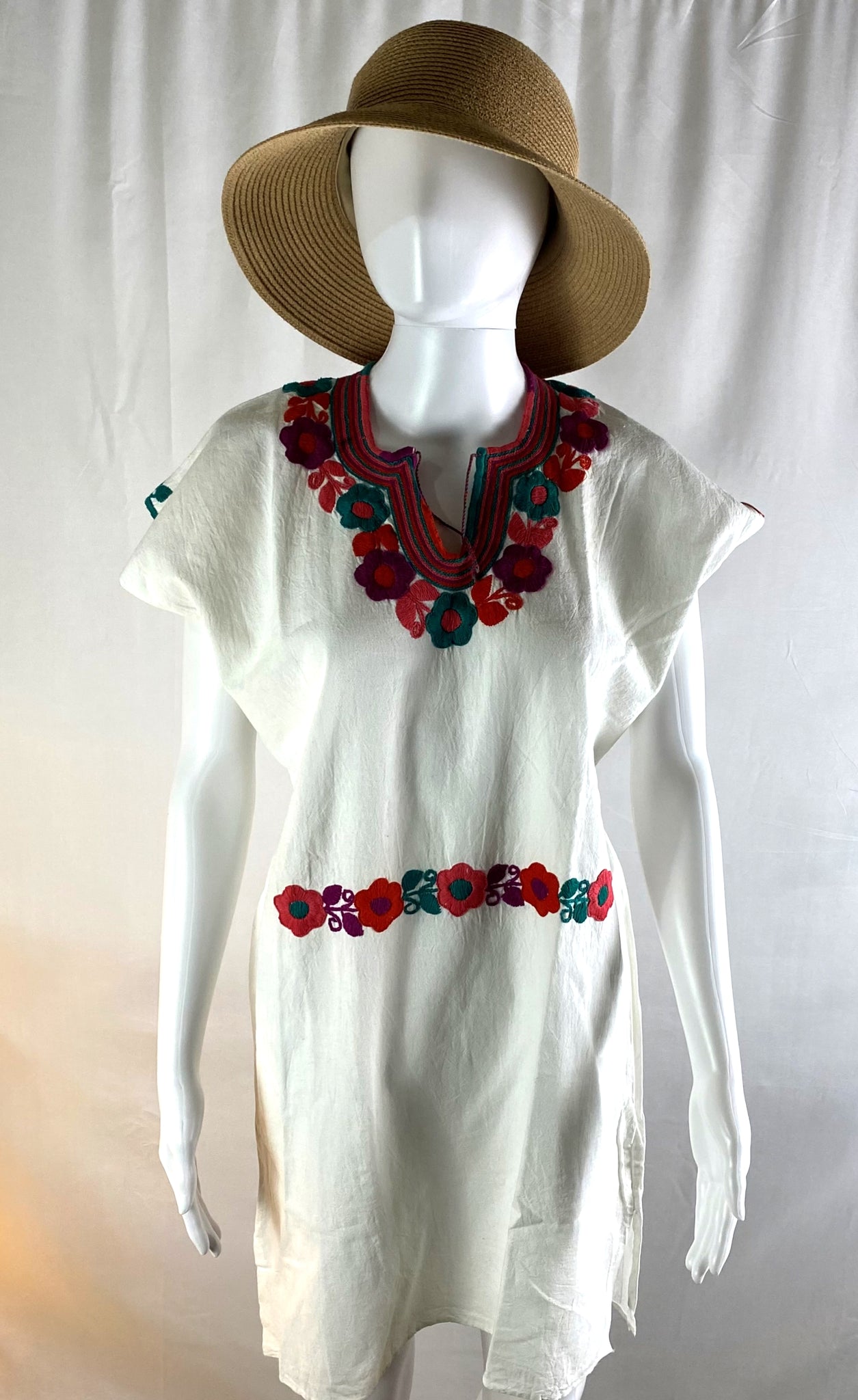Mexican Embroidered Tunic Mini Dress - Ivory Vicentas Artisan Boutique Mexican Embroidered Tunic Mini Dress - Ivory Vicentas Artisan Boutique