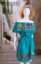 Load image into Gallery viewer, Artisan Mexican Style Dress with Embroidered flowers - Size M (White/Blue)
