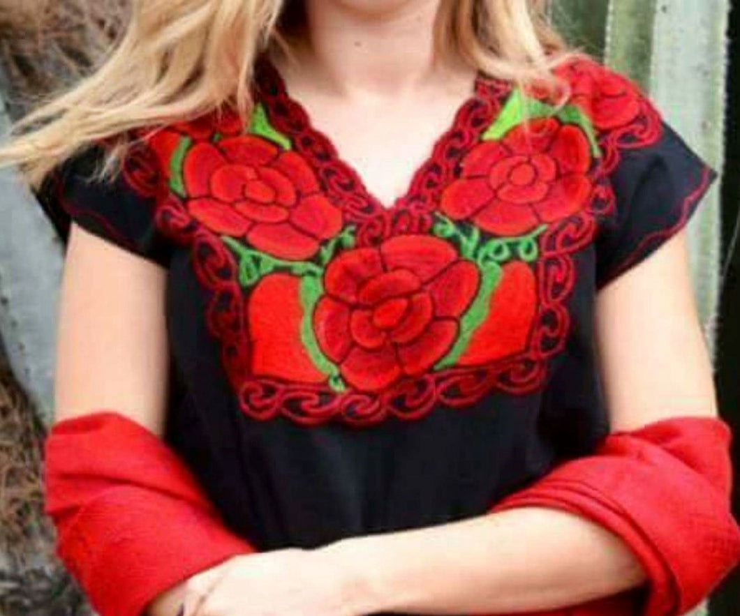 Beautiful Black Mexican Embroidered Blouse (M)