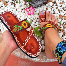 Load image into Gallery viewer, Brown Leather Huarache Sandals with Sunflower embroidered design
