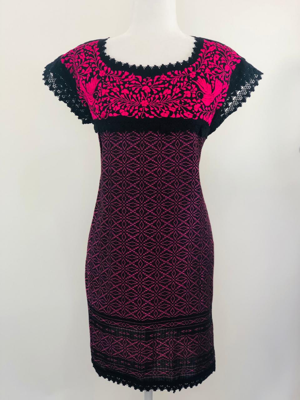 Embroidered Paloma Mexican Dress Green/Fushia