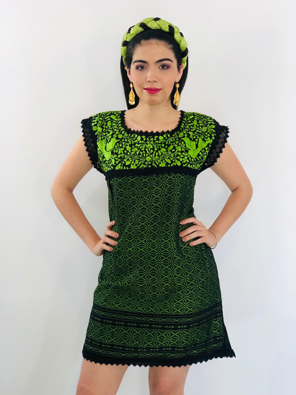 Embroidered Paloma Mexican Dress Green/Fushia - One size (S/M)